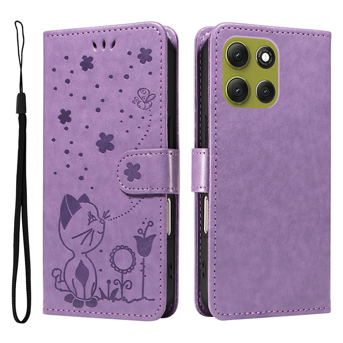 

For Motorola Moto G86 5G/G86 Power 5G Leather Wallet Case Cat Bee Pattern Phone Cover Stand Purple