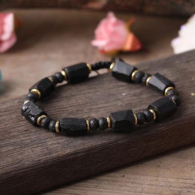 Single Layer Woven Bracelet 811MM Cut Cylindrical Natural Black Tourmaline Bracelet