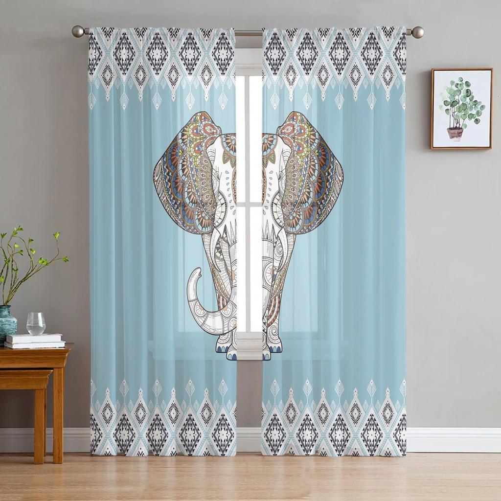Elephant Hand Drawn Indian Style Sheer Curtains For Bedroom Living Room Tulle Curtains For Kitchen Window Voile Curtains