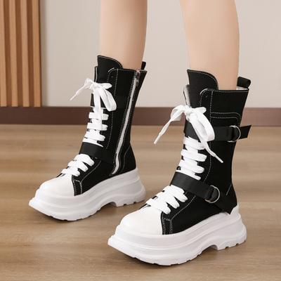 ZOKI Canvas Chunky Platform Women's Boots 2024 Autumn Lace-Up Zipper Motorcycle Boots Woman Thick Bottom Non-Slip Ankle Booties