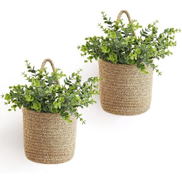 Dahey 2 Pack Wall Hanging Rope Basket with Artificial Eucalyptus Farmhouse Decor, Jute Woven Storage Organizer Flower Plants Basket Set Rustic Wall