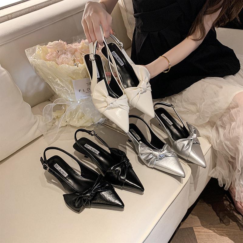 2025Luxury Pointy  Women's Bowknot Slingback Kitten Heels Black Pointed Toe Satin Slip On Low Heels Casual Dress Shoes