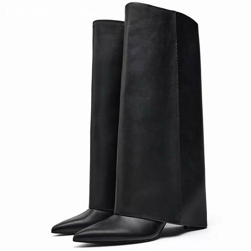 High Heels Fad Women High Boots Leather Pointed Toe Designer Shoes 2025 Trend New Brand Pumps Goth Winter Motorcycle Botas Mujer