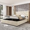 Upholstered Wingback Velvet Bed, Button Tufting, 180*200, Hydraulic Storage Bed, Slatted Frame, Underside Dirt-Repellent Black Non-Woven Fabric, Beige