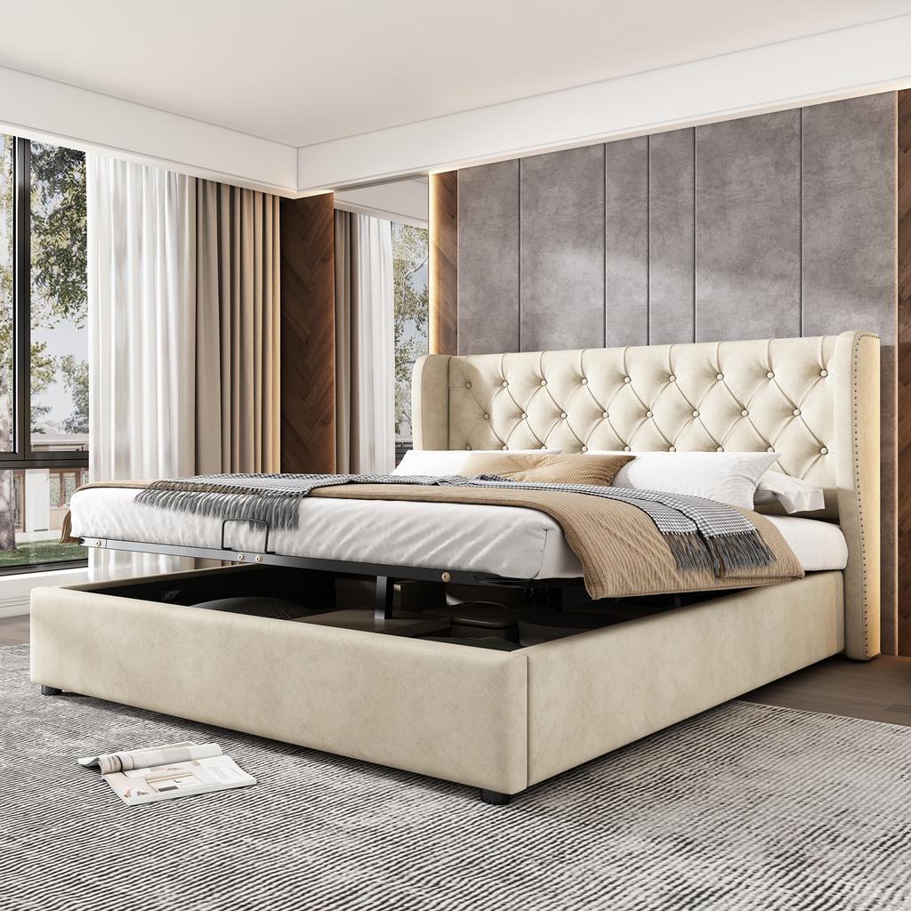 Upholstered Wingback Velvet Bed, Button Tufting, 180*200, Hydraulic Storage Bed, Slatted Frame, Underside Dirt-Repellent Black Non-Woven Fabric, Beige