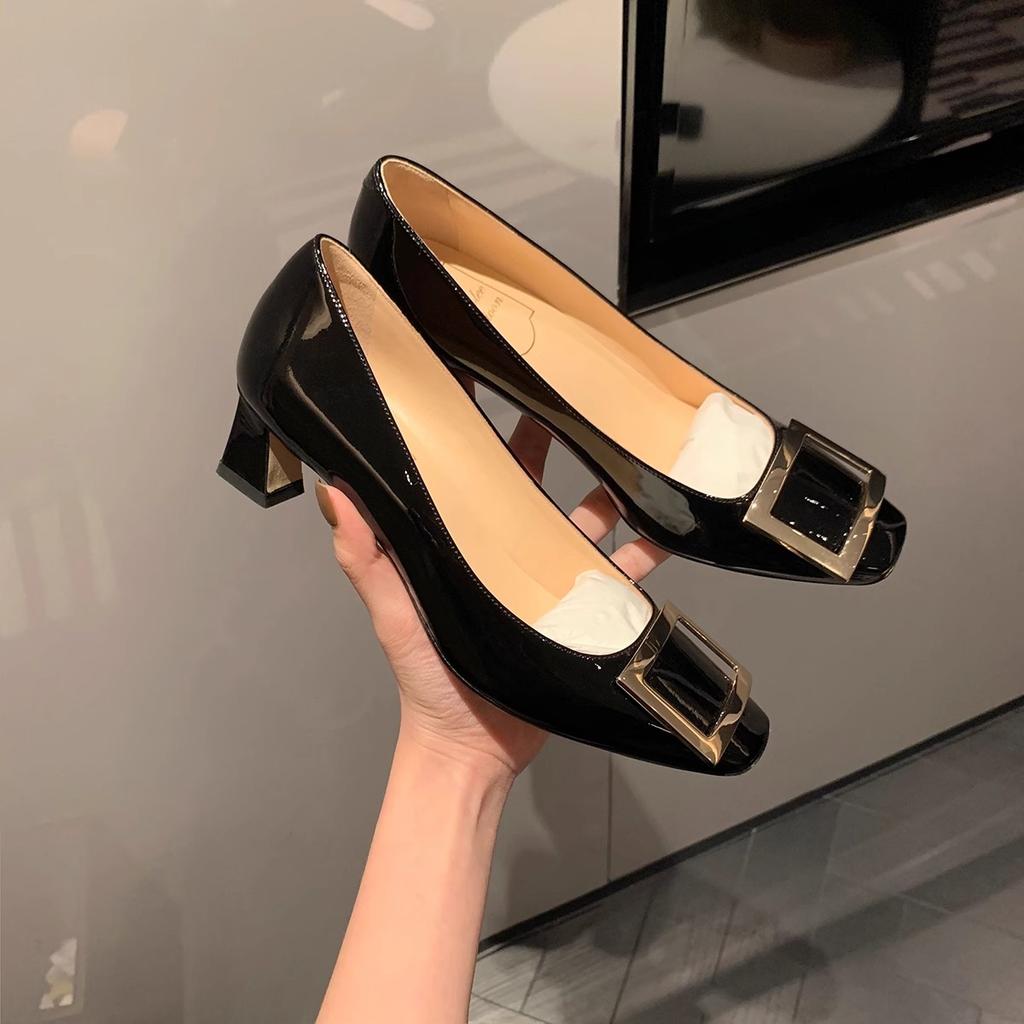 Grape Mother Studiolee Classic Square Buckle Small Square Head Shallow Mouth High Heels Women's Summer Thick Heel Flat Bottom Commuter Shoes