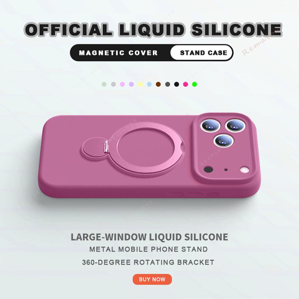 Liquid Silicone Magnetic Phone Bracket Case For iPhone 17 13 14 15 16 Pro Max Air Plus Magsafe Stand Holder Protector Cover