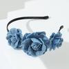 Blue Cloth Headband for Woman with Rose Shape Washed-Denim Headbands Non-slip Headbands Sweet Hairbands Yoga Supplies