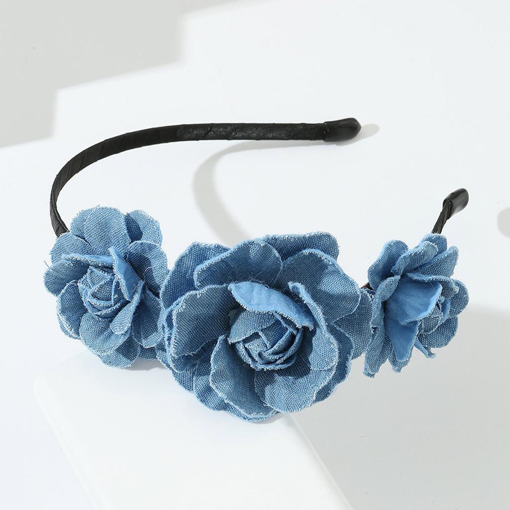 Blue Cloth Headband for Woman with Rose Shape Washed-Denim Headbands Non-slip Headbands Sweet Hairbands Yoga Supplies