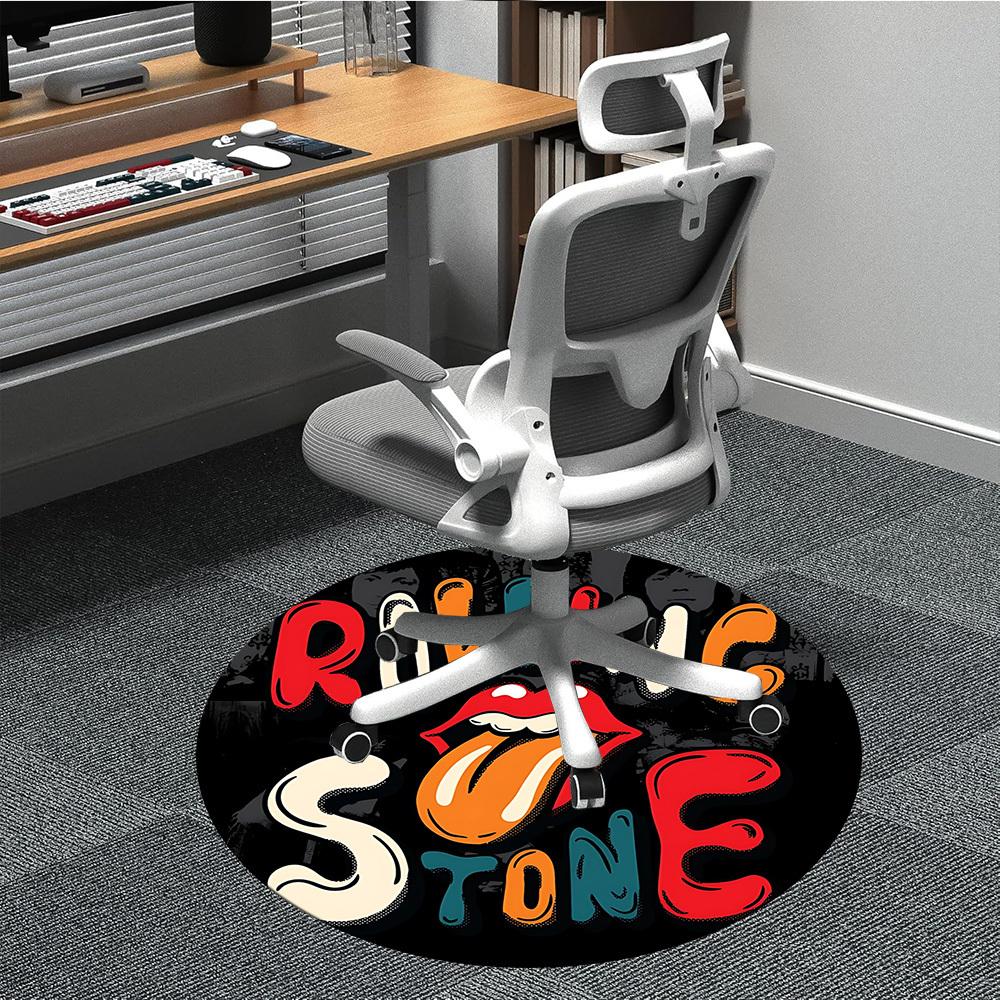 1PC Rolling Stone Logo Office Round Rug - Perfect for Office or Study Decor, Machine Washable, Non-Slip Backing, Decorative Floor Mat