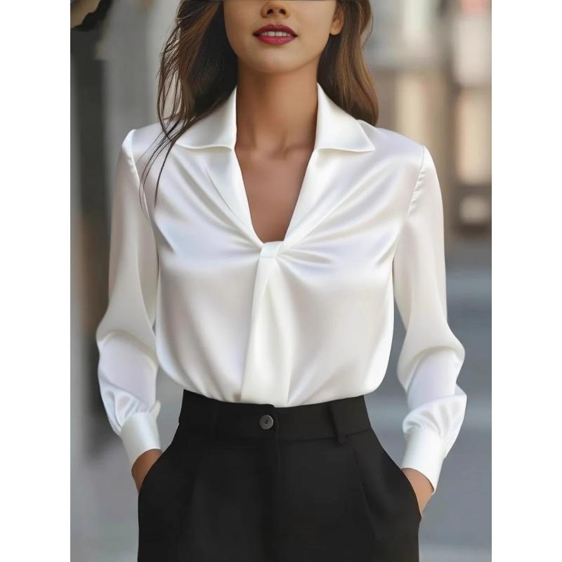 

Women Spring Satin Twist Front V Neck Blouse Office Work Elegant Top S білий