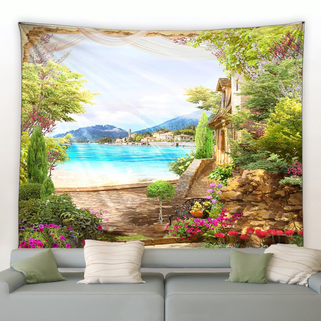Schloss Boho Druck Schlafzimmer Raumdekoration Decke Bogenförmiges Steintor Turm Großer Wandteppich Wandbehang