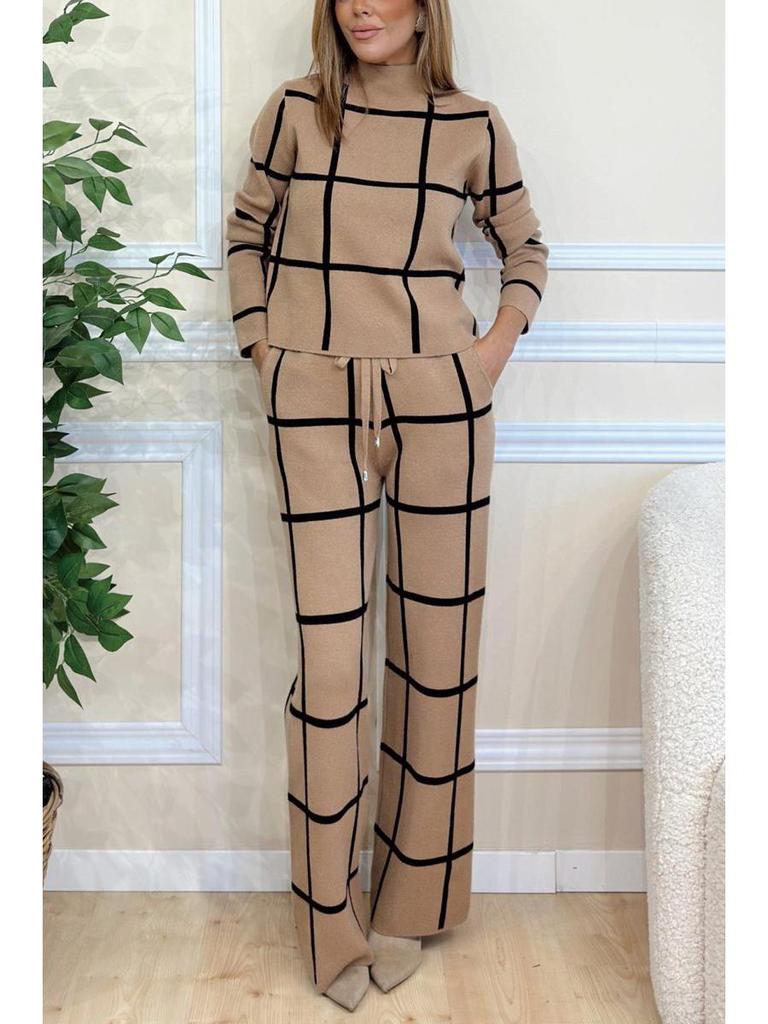 2024 Autumn/Winter Women's Plaid Print High Neck Long Sleeve Top & Solid Color Long Pants Set