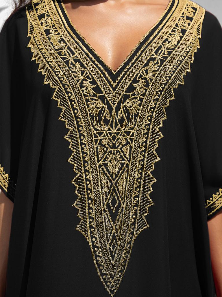 EDOLYNSA Sexy V-Ausschnitt Goldbesticktes Langes Strandkleid, Damen Retro Kaftan Locker Strandbekleidung Urlaub Badeanzug Bikini Cover-up