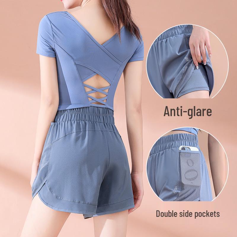 Damski Zestaw do Porannego Biegania i Jogi Szybkoschnący - Lekkie Szorty i Top z Krótkim Rękawem