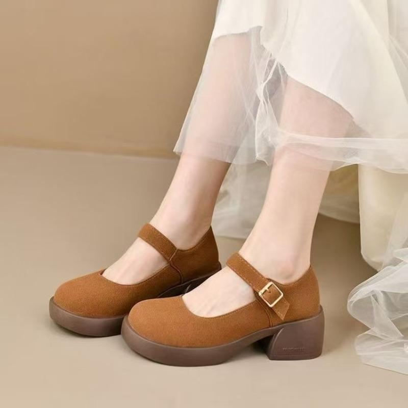 Retro Chunky Heel Women's Soft-soled Anti-slip Thick Sole Breathable Round-toe Versatile Shoes