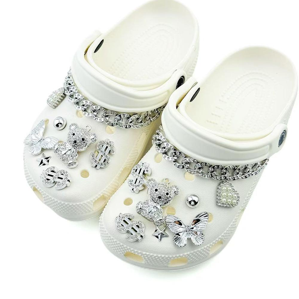 16PCS Fashion Shoe Charms Set Silver Diamond Bear Butterfly Chain Shoe Decorations Buckle for Sandals Clogs DIY Accessories Gift