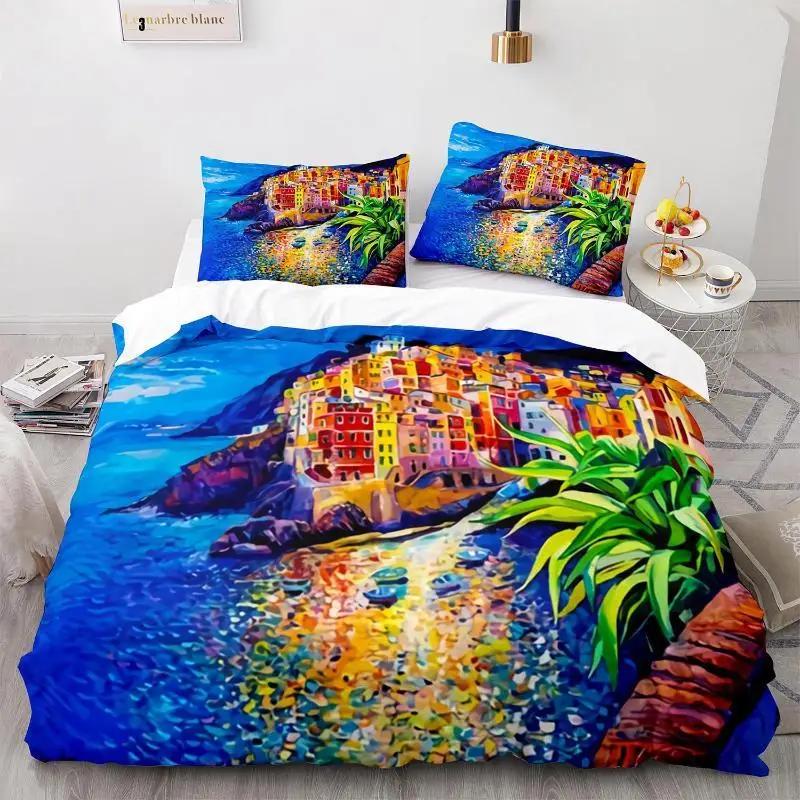 Oil Painting Duvet Cover Set Queen Blooming Sunflowers Twin Bedding Set Blue Sky White Cloud Landscape Polyester Comforter Cover