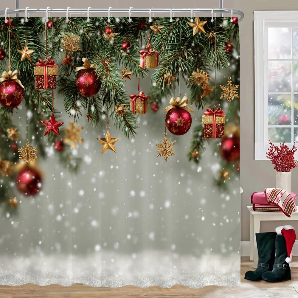 GAEMerry Christmas Shower Curtain Christmas bell, snowflake Bathroom Curtain with Hooks home for Christmas day decoration Curt