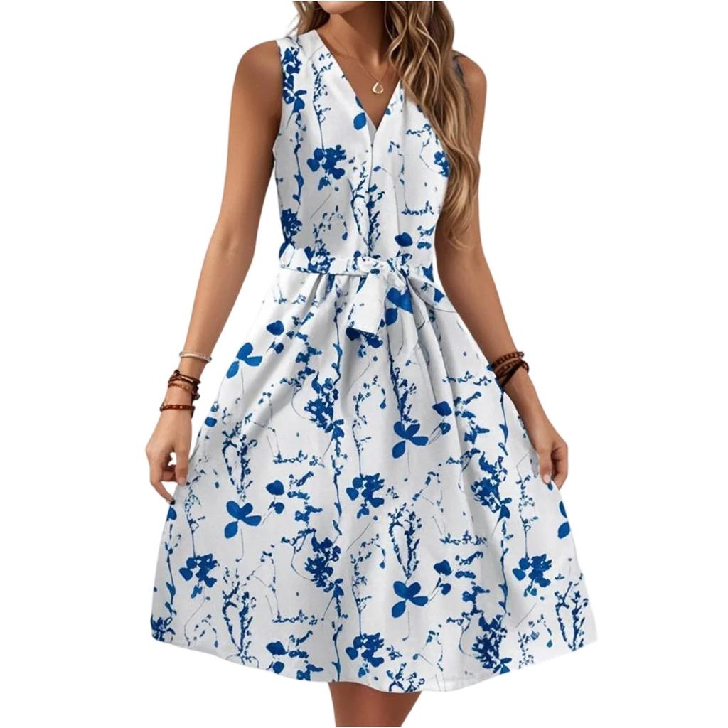Women's Spring And Summer Casual V-Neck Sleeveless Waist Floral Print Midi Dress
