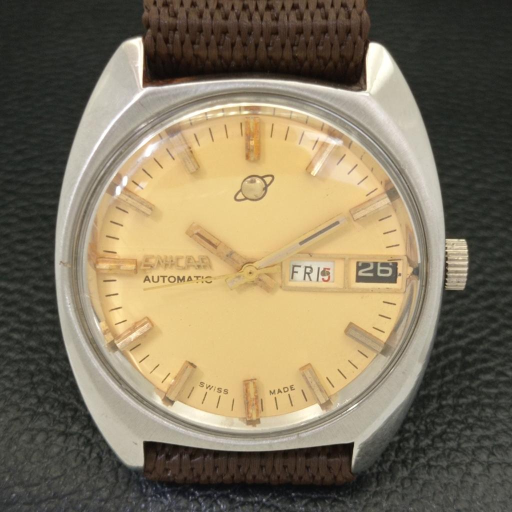 USED SWISS ENICAR AUTOMATIC 167 MENS DAY&DATE BEIGE COLOR DIAL WATCH A432796-2 R113-a432796