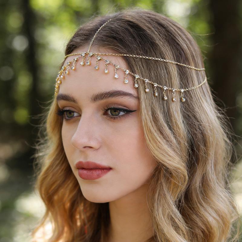 Fashion Bride Crystal Pendant Tassel Hair Chain For Women Exquisite Metal Geometric Multilayer Thin Head Chain Wedding Jewelry