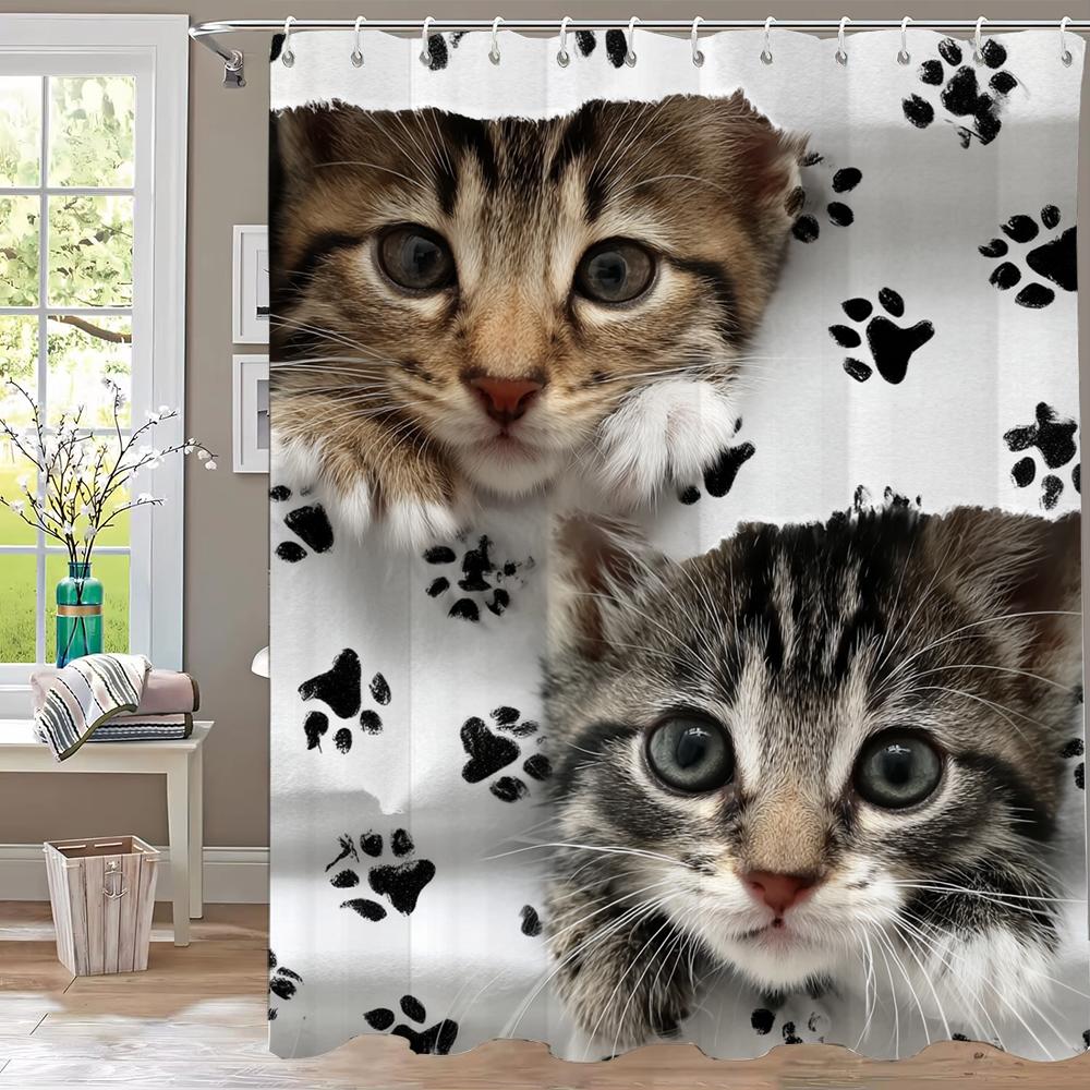 1pc Creative and Interesting Cat with Holes Shower Curtain Bathroom Curtains With Hooks,Printed Curtain Home Decoration Curtain