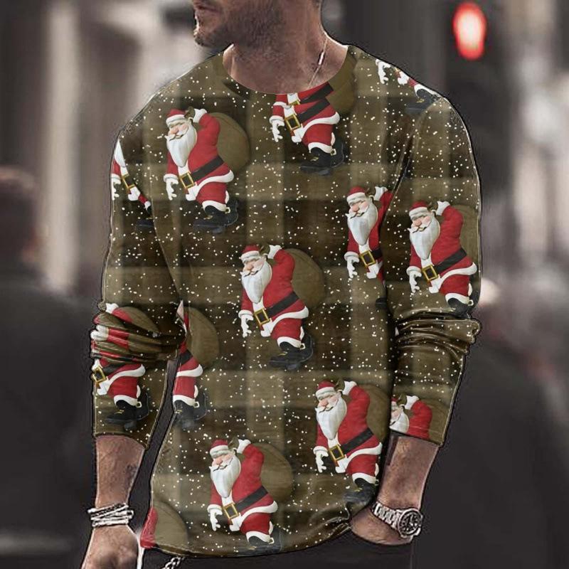 Summer Round Neck Christmas 3D Print Top Fashionable Casual Long Sleeved Men's T-shirts