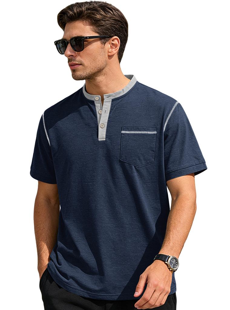Mens Stand Collar Button Short Sleeve Business Casual Solid Polo Shirt