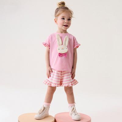 Conjuntos de Niña Verano Manga Corta Ropa de Niña Camiseta Rosa de Dibujos Animados y Pantalones Cortos de Rayas Conjunto Casual de Dos Piezas