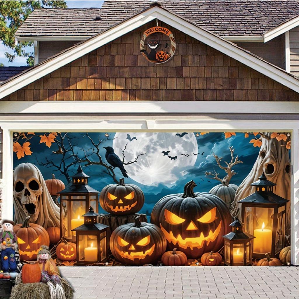 1 Piece of Strange Halloween Garage Banner - a Skull Hidden Within a Pumpkin Lantern, Made of Durable Polyester Fiber