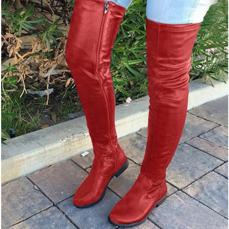 Autumn Winter Round Headed Low Square Heel Over-the-knee Boots Sewing PU 3CM Large Size Side Zipper Long Boots for Women Shoes 43 красный