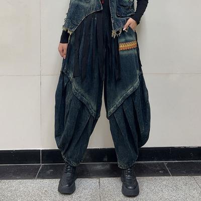 Womens Vintage Streetwear Baggy Denim Pants Elastic Waist Wide Leg Harem Trousers 2025