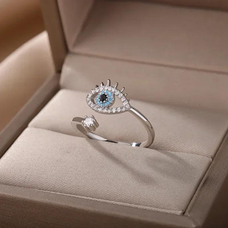 Bagues Porte-Bonheur Turques Bleu Œil Maléfique pour Femmes Bague Ouverte Réglable en Acier Inoxydable Tendance 2025 Alliance Bijou de Couple Cadeau