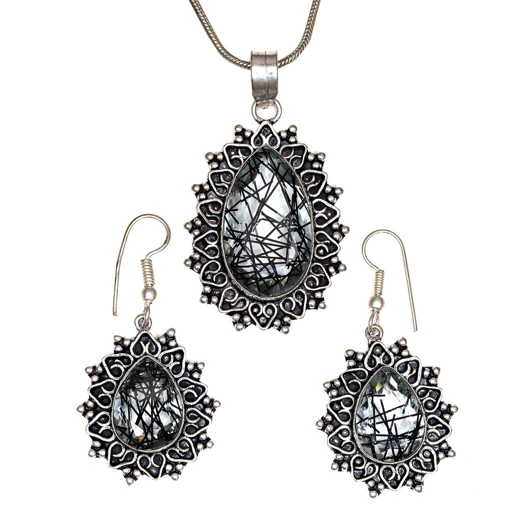 Black Rutile Set  Pendant  Jewelry Earring 18-20'' Gemstone Handmade