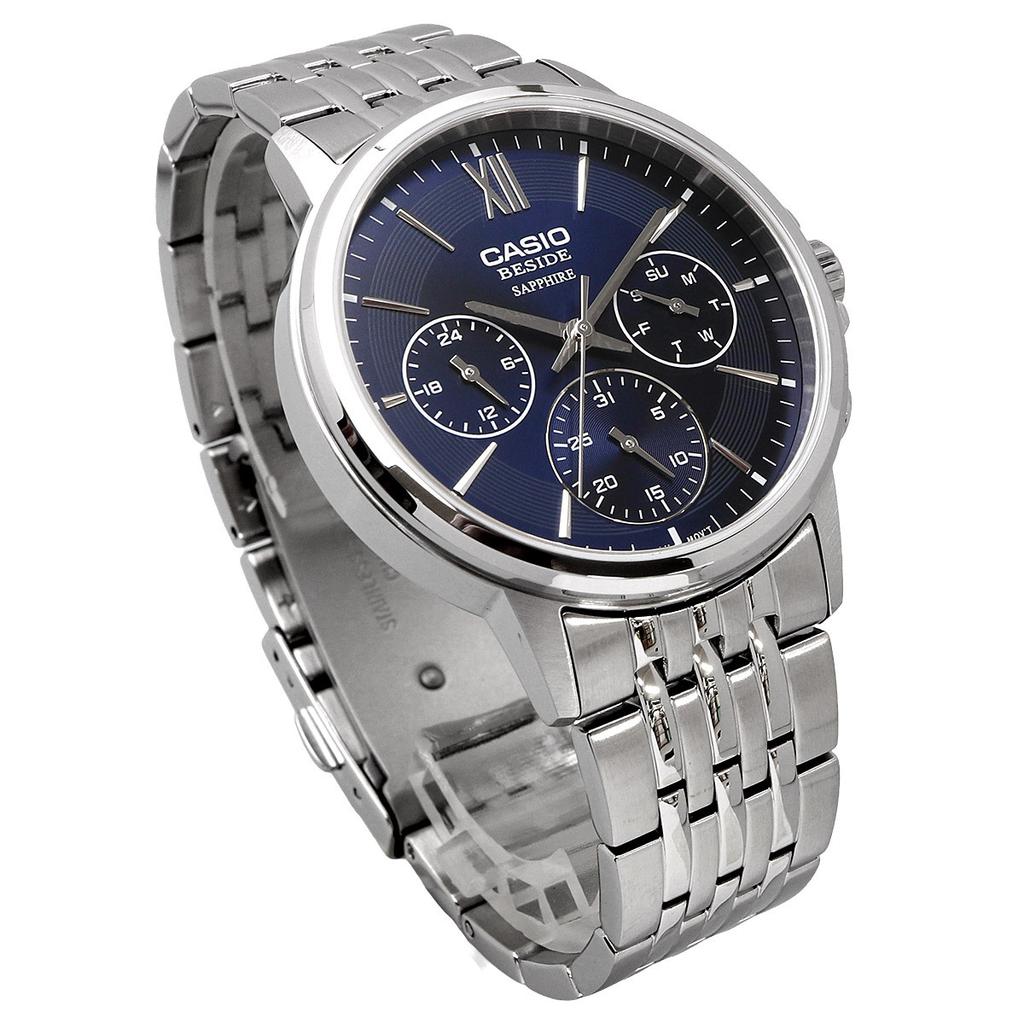 CASIO BESIDE Quartz Sapphire Solid Navy Men's Watch, Glass, Band, Multi-axis, 24-hour Display