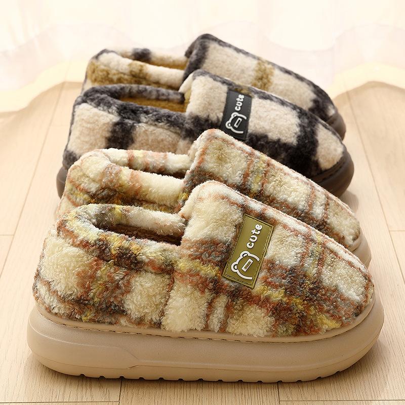 Retro Plaid Cotton Shoes Women's Autumn and Winter Home Plush Warm Outer Wear Non-slip Korean Version Bag Heel Cotton Slippers Men