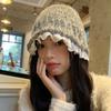 Lazy wind gray knitted hat women's autumn and winter literary lace wool bucket hat showing small face warm pot hat