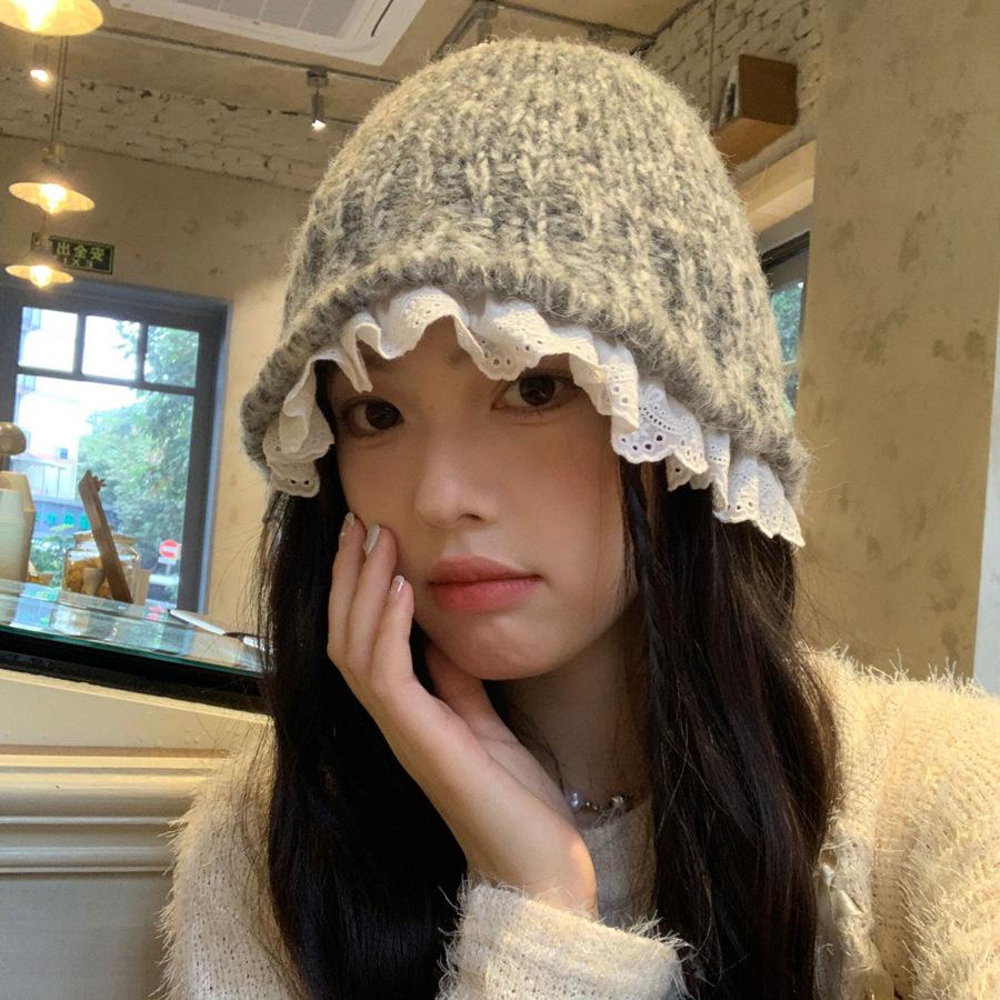 Lazy wind gray knitted hat women's autumn and winter literary lace wool bucket hat showing small face warm pot hat