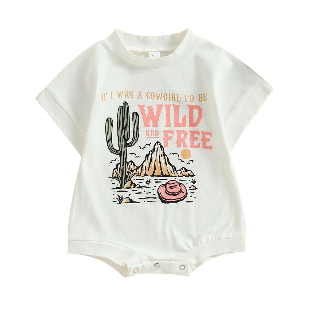 Infant Baby Girls Romper Western Style Letter Cactus Cowgirl Hat Print Short Sleeve Crew Neck Jumpsuits Summer Casual Bodysuits