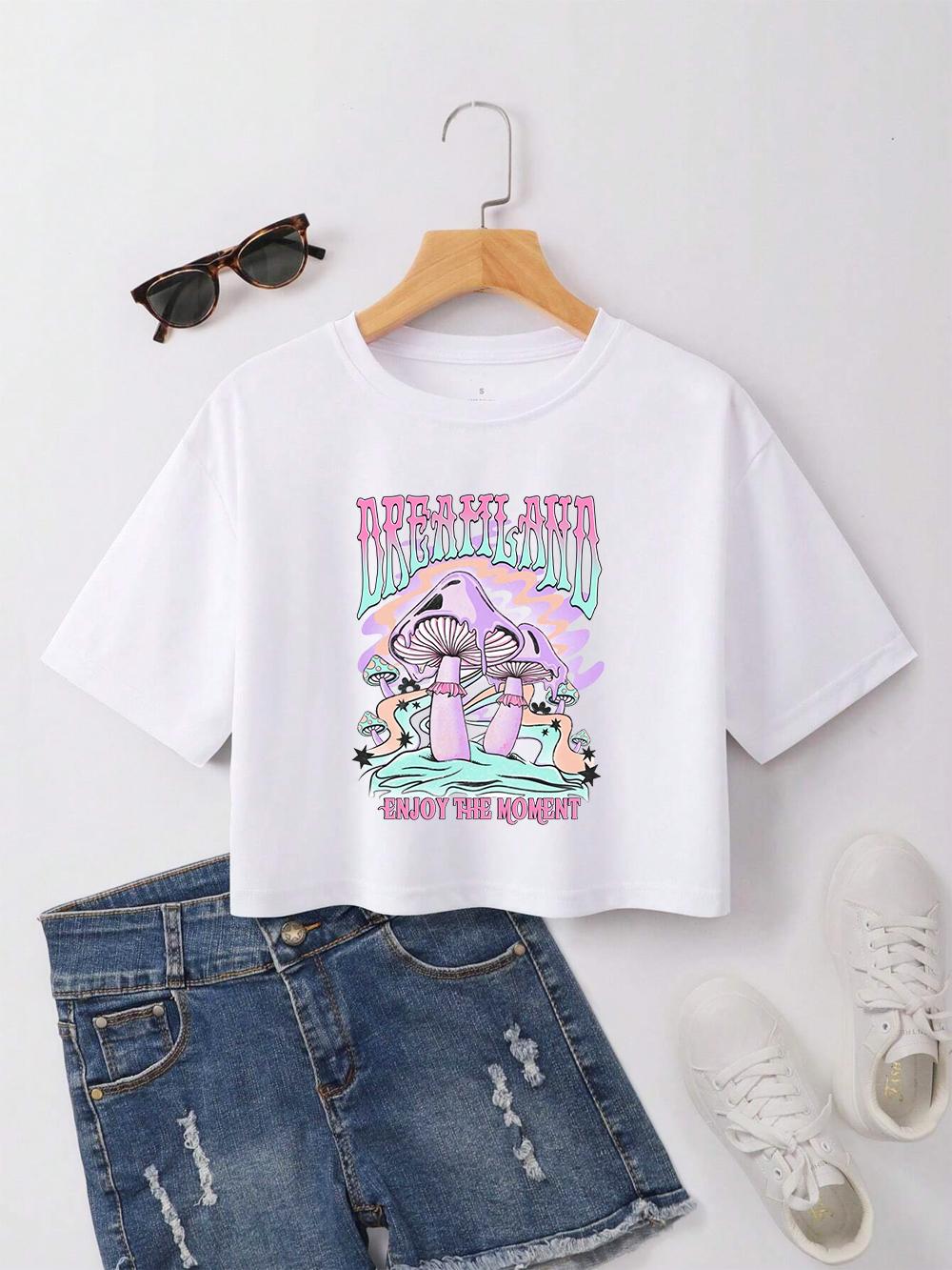 

Cotton Women Crop T-shirts Dreamland Mushrooms Prints Tee Shirts O-Neck Short Sleeves Loose Clothes Summer Fashion Female Tops S