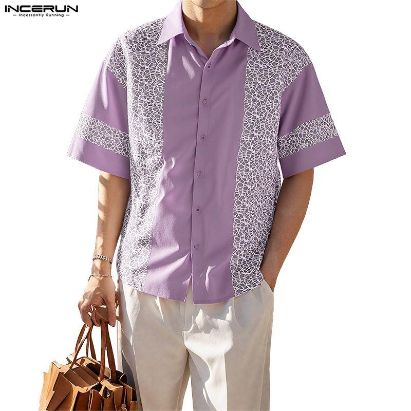 INCERUN Oversized Men Lapel Neck Short Sleeve Crochet Casual Loose Shirts