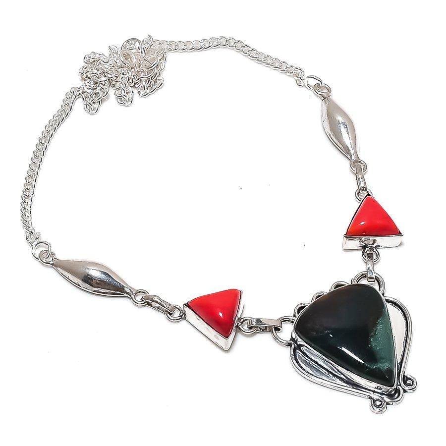 Bloodstone, Coral Gemstone 925 Sterling Silver Jewelry Necklace 18"