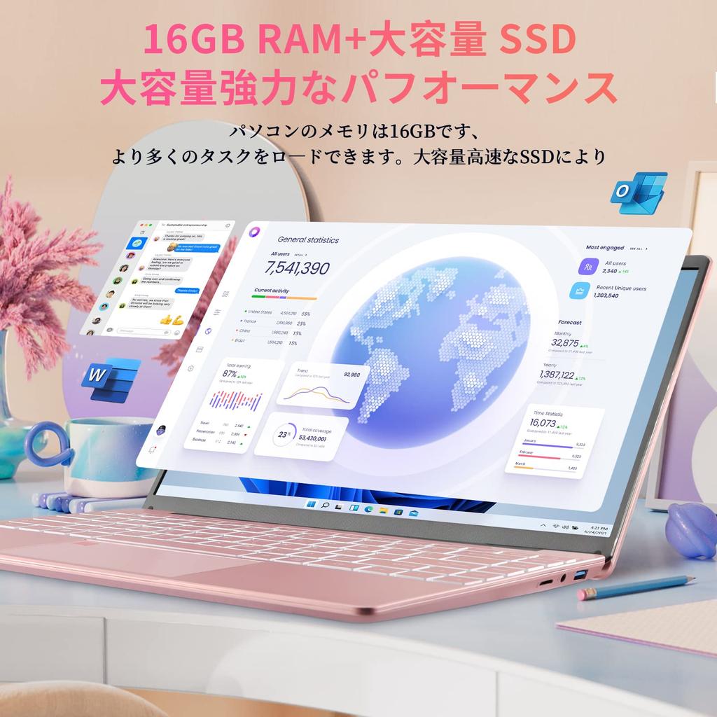 ESBOOK IPS LCD Intel Celeron 16GB DDR4L Narrow Bezel Hidden Windows 11 Pro MS Office Fingerprint Backlit PC Rose Laptop, 2.5K (2560x1440 Resolution),