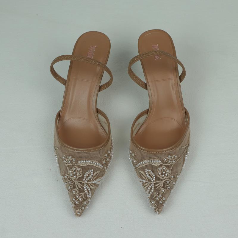 Fashion Women's Sandals 2025 Summer Brand Designer Ladies Flower Mesh Open Heel Shoes Sexy High Heel Pointed Toe Stiletto Pumps Mules