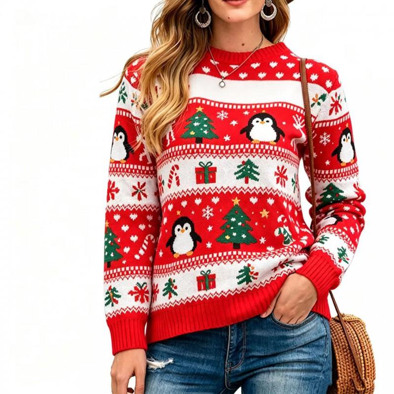 Womens Winter Knit Sweater With 3D Deer Snowflake Round Neck Loose Fit Long Sleeve Pullover