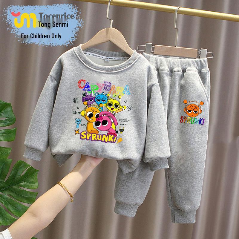 Sprunki Rhythm Box Kids' Plus Velvet Hoodie Set, Unisex, Warm Two-Piece for Autumn/Winter