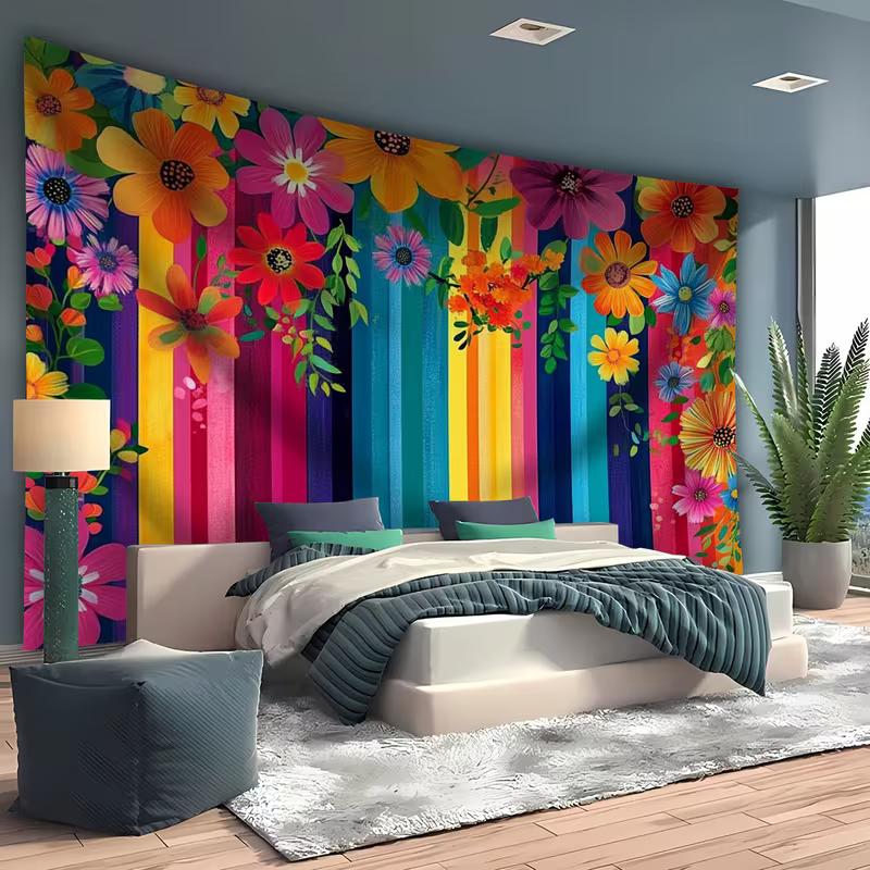 2D Multicolor Flower Tapestry with Rainbow Stripes for Modern Living Room Decor
