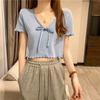 Summer French Style Niche Bow Tie Tie with Black Fungus Edge Short Knitted Sweater Women's Blue Short Top