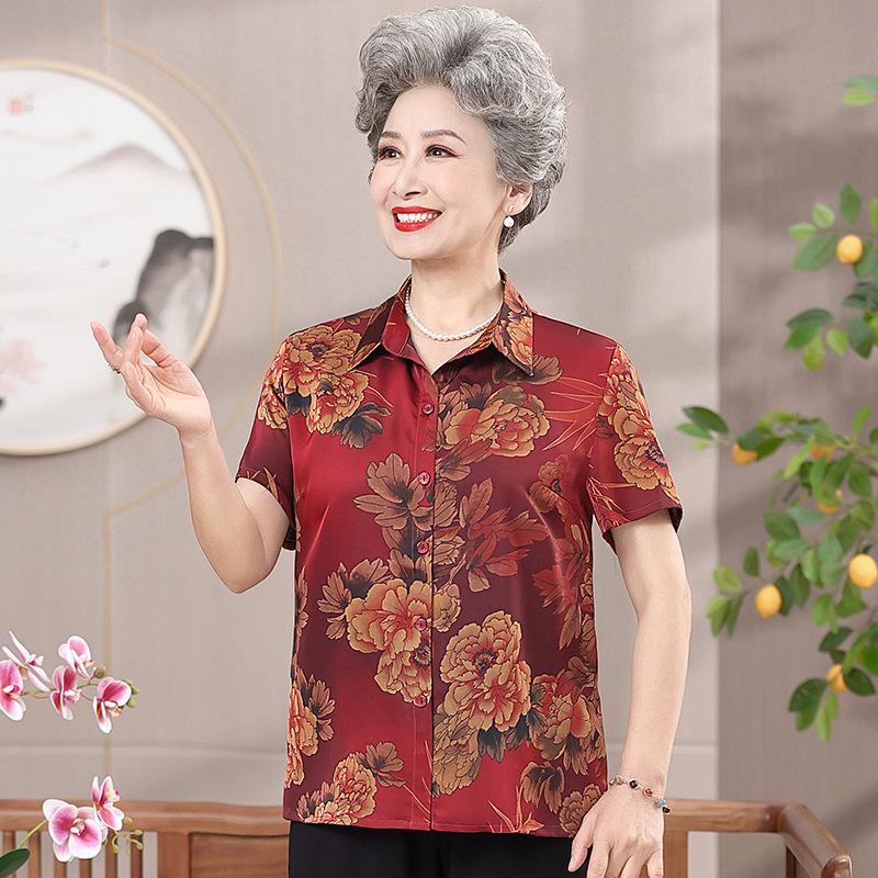 

Silk Summer Short-Sleeve Shirt for Middle-Aged and Elderly Women – Loose Fit Printed Top L (80-100 jin)
